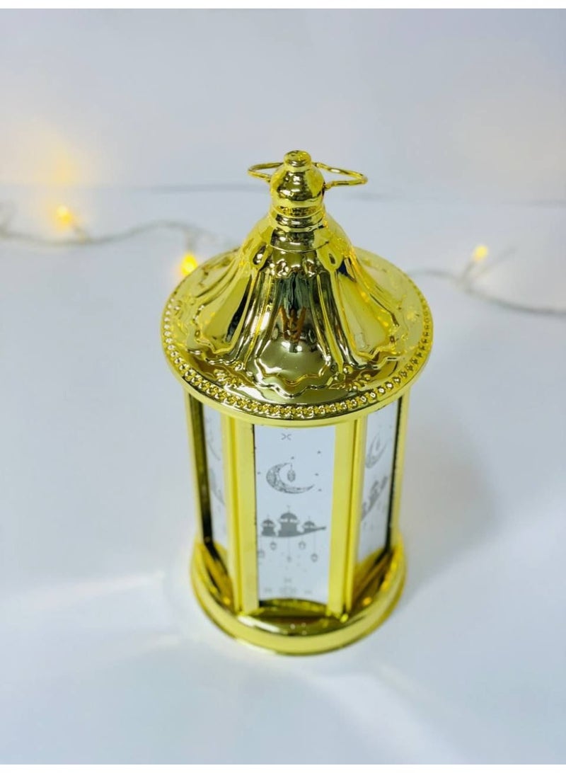 Hexagonal metal Ramadan lantern with printed glass, golden lantern, illuminated with lights and operates on clock batteries. Size: 22 cm - Image 3